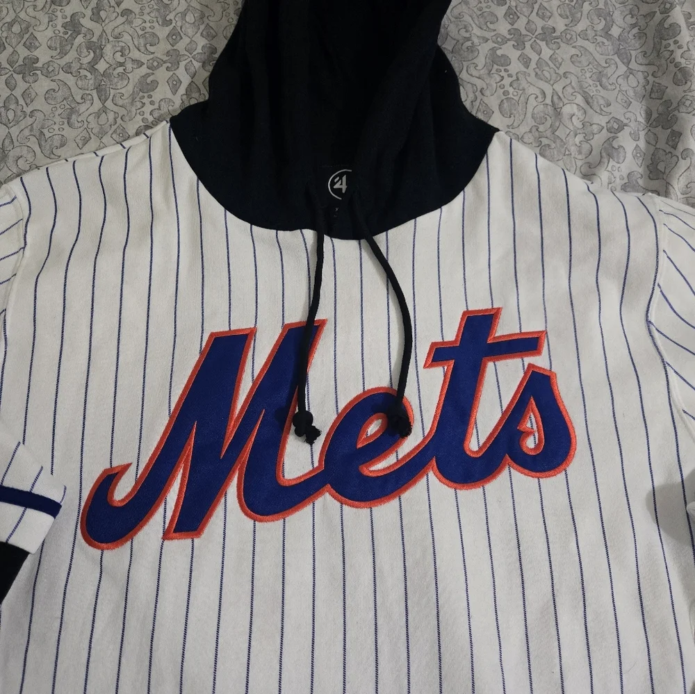 Men's New York Mets '47 White Pinstripe Double Header Collection Pullover Hoodie - Picture 2 of 8